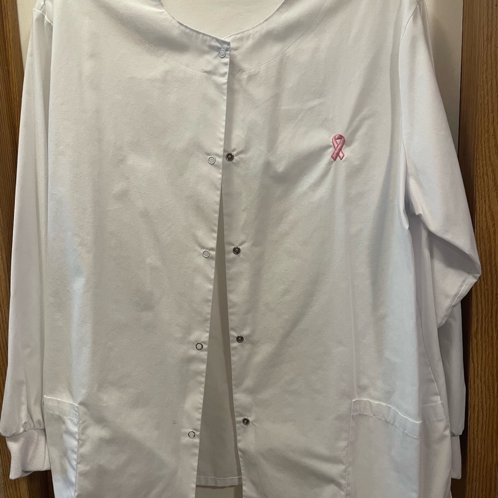 White Medical Scrub Jacket with Pink Ribbon Embroidery